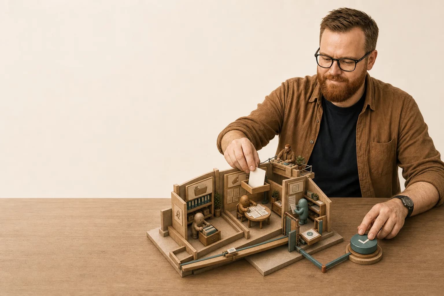 Illustration af Andreas Lausen ved et bord med computer, papirer og modeller af arbejdsprocesser.