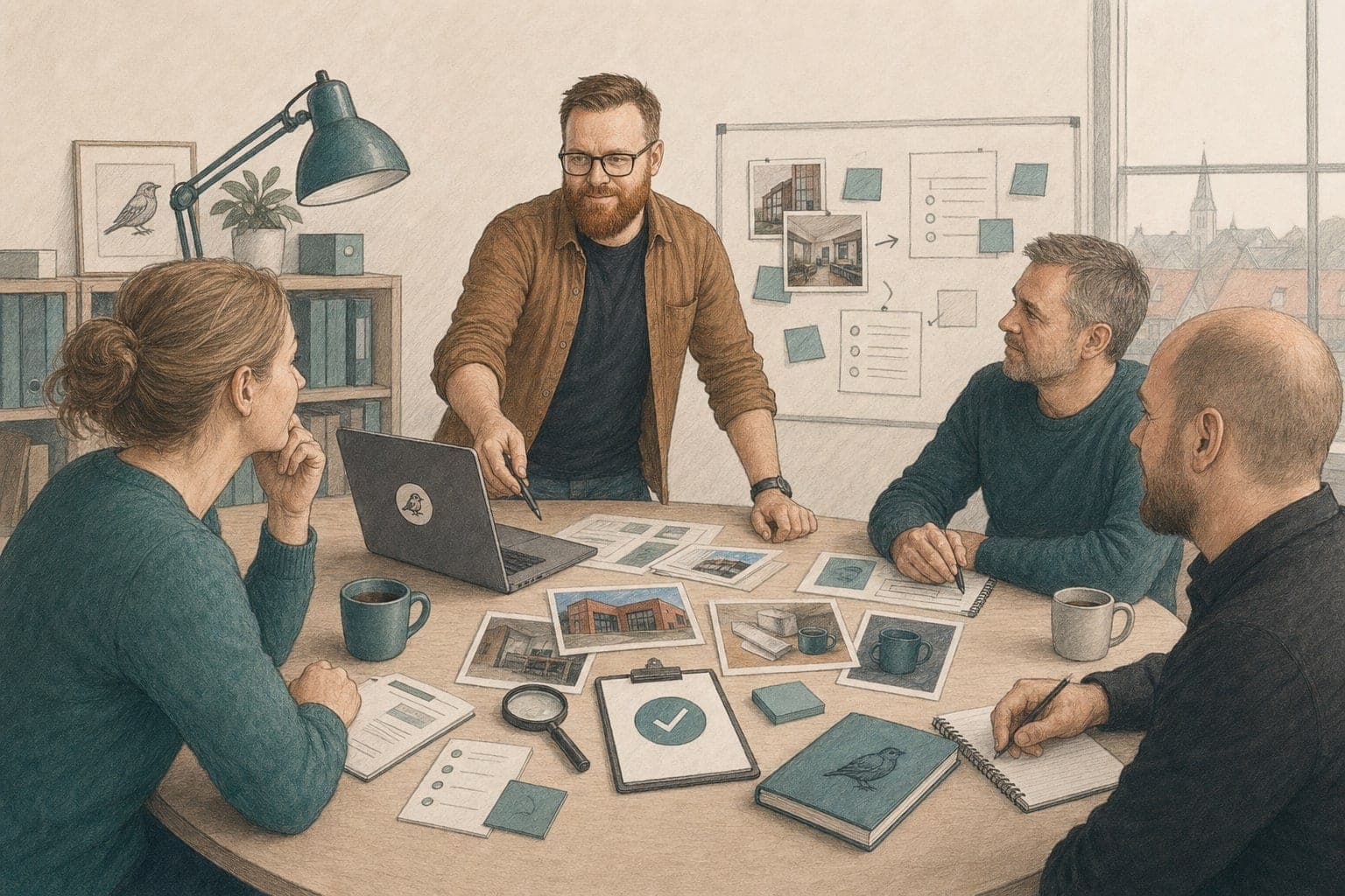 Illustreret værksted, hvor deltagere arbejder med egne opgaver.