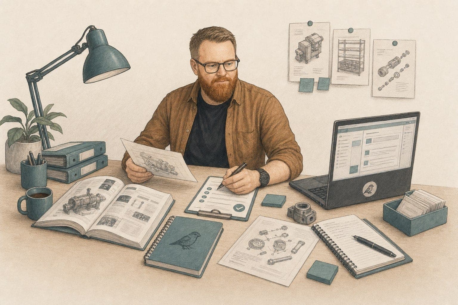 Illustreret arbejdsbord med indhold, dokumenter, skærm og en tjekliste til oprydning.