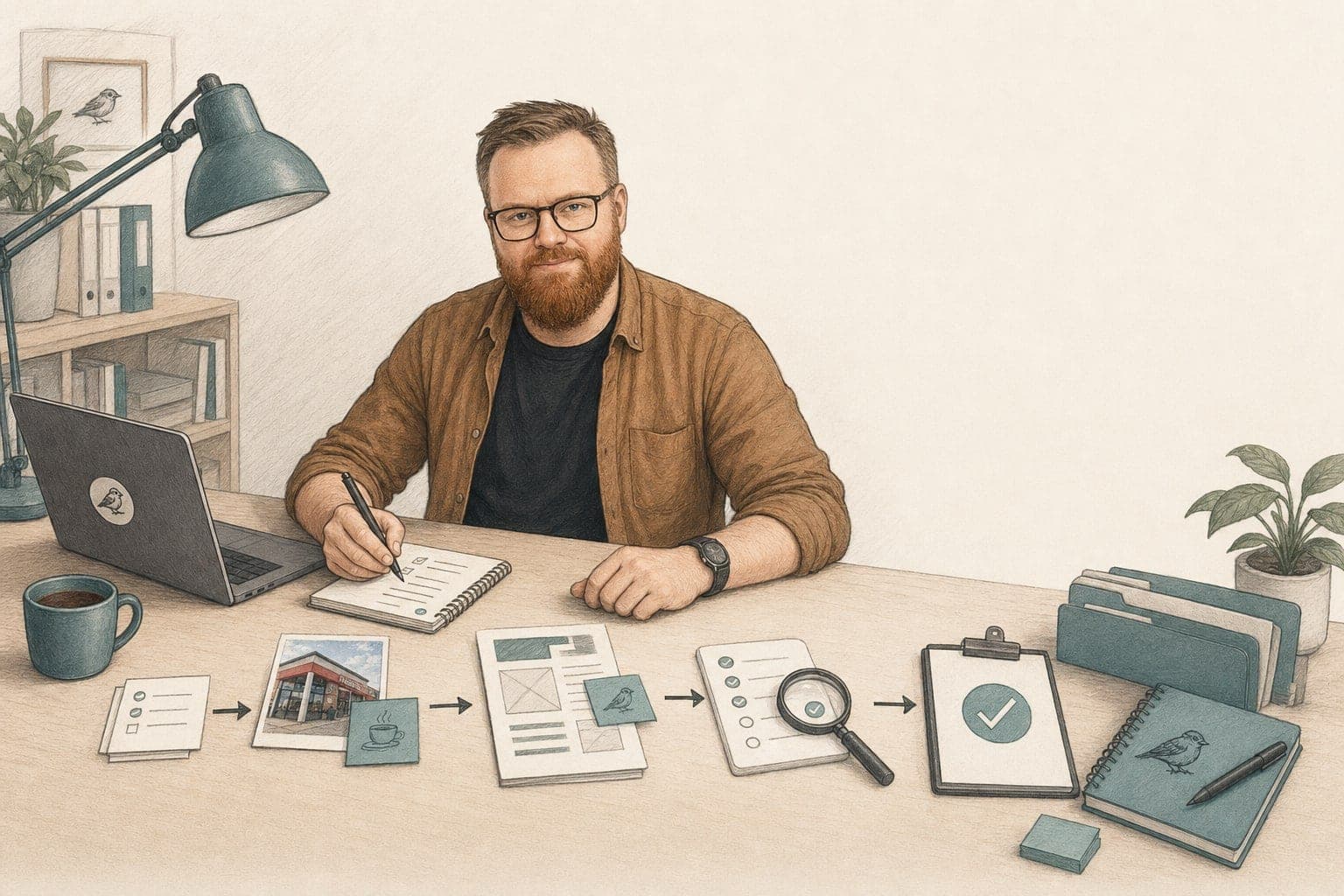 Illustreret arbejdsbord med notesbog, laptop, mapper og kvalitetstjek.