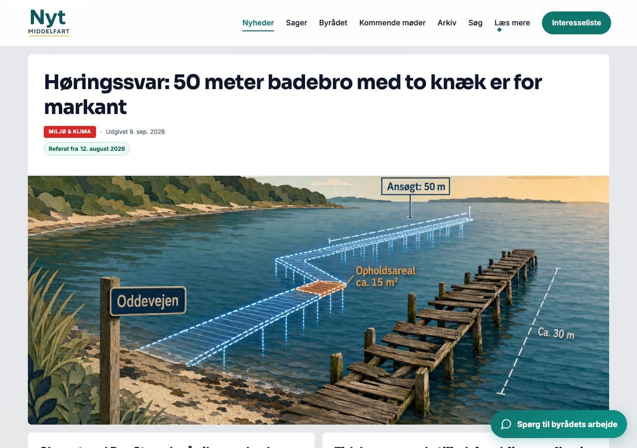 Skærmbillede af Nyt Middelfarts nyhedsoversigt med en stor artikeloverskrift om en 50 meter badebro og artiklens billede.