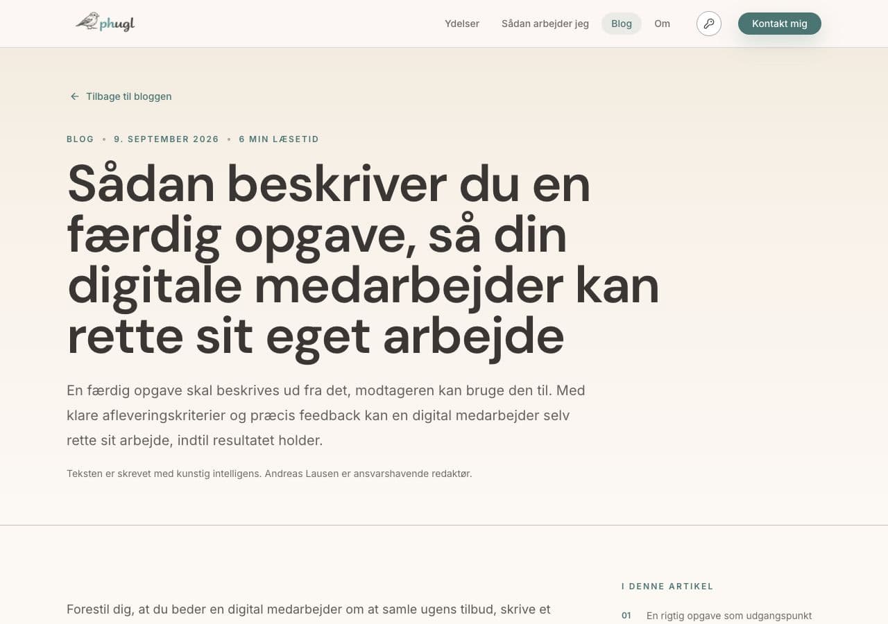 Skærmbillede af Phugls blogartikel om afleveringskriterier med titel, intro og kredit til AI-tekst og Andreas som redaktør.