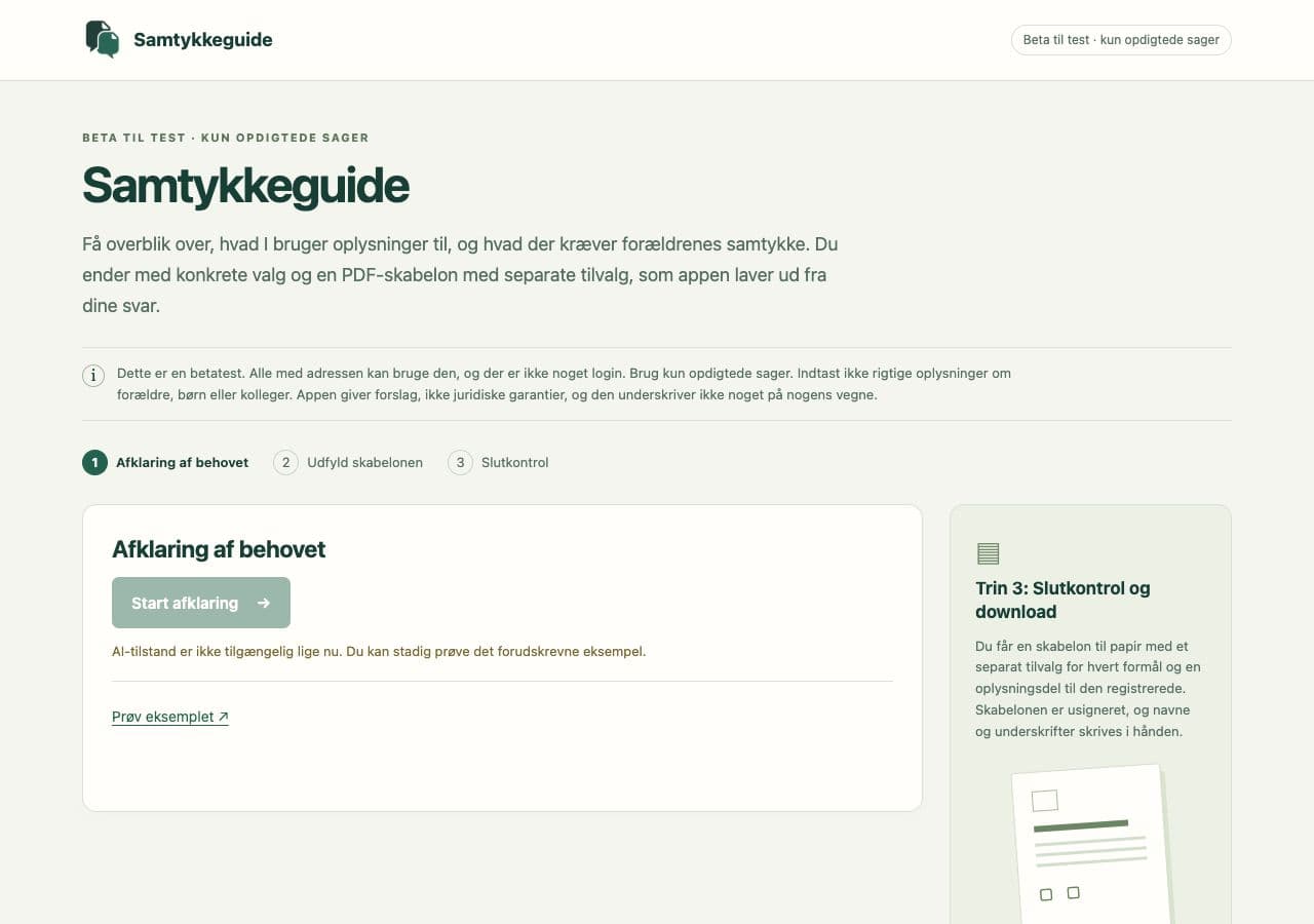 Skærmbillede af Samtykkeguides betaforside med betamarkering og knappen til prøveeksemplet.