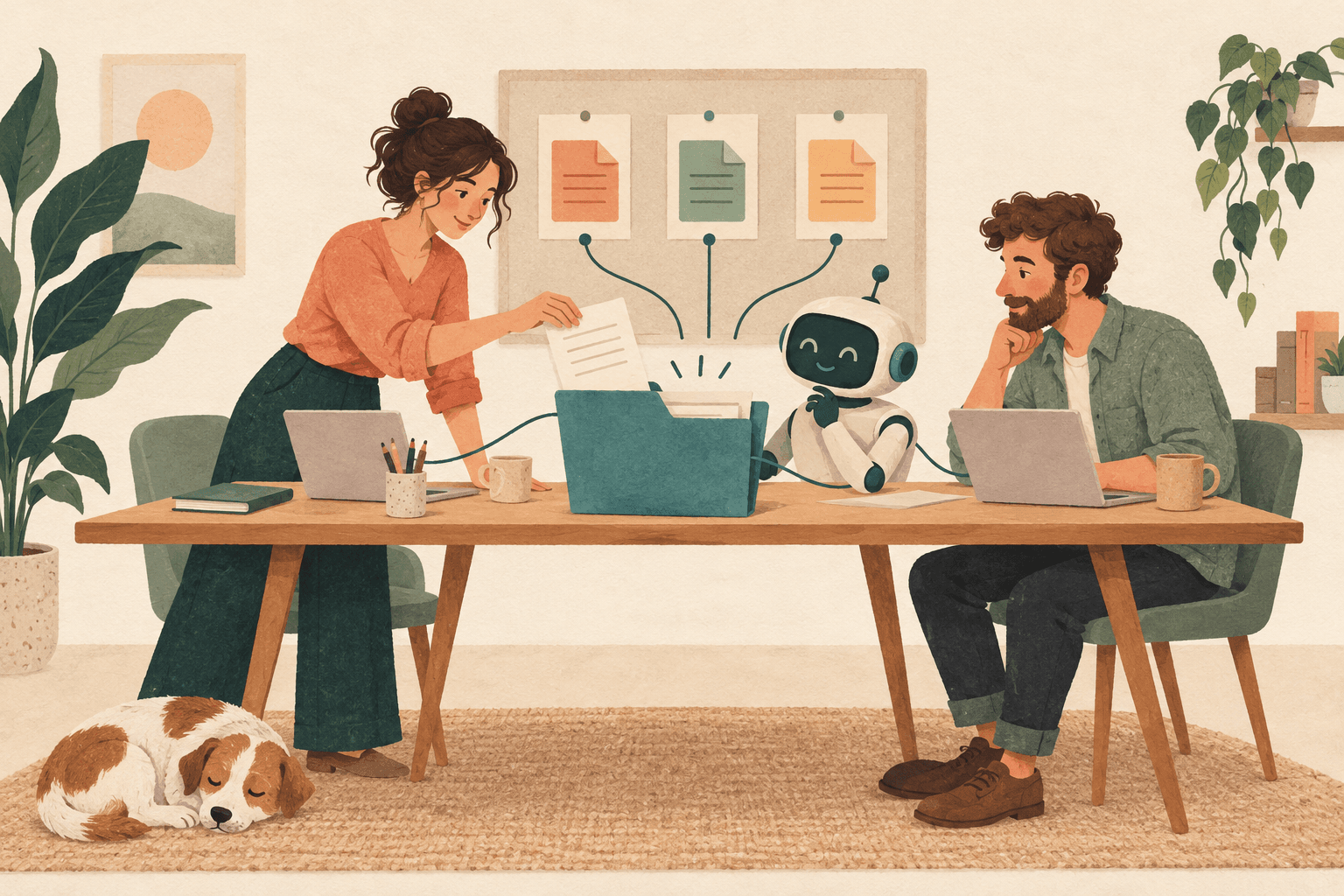 Håndlavet illustration i varme farver: to kolleger og en lille venlig robot ved et bord, hvor en grøn mappe samler deres ark og forbinder arbejdet med et fælles opslag på væggen.