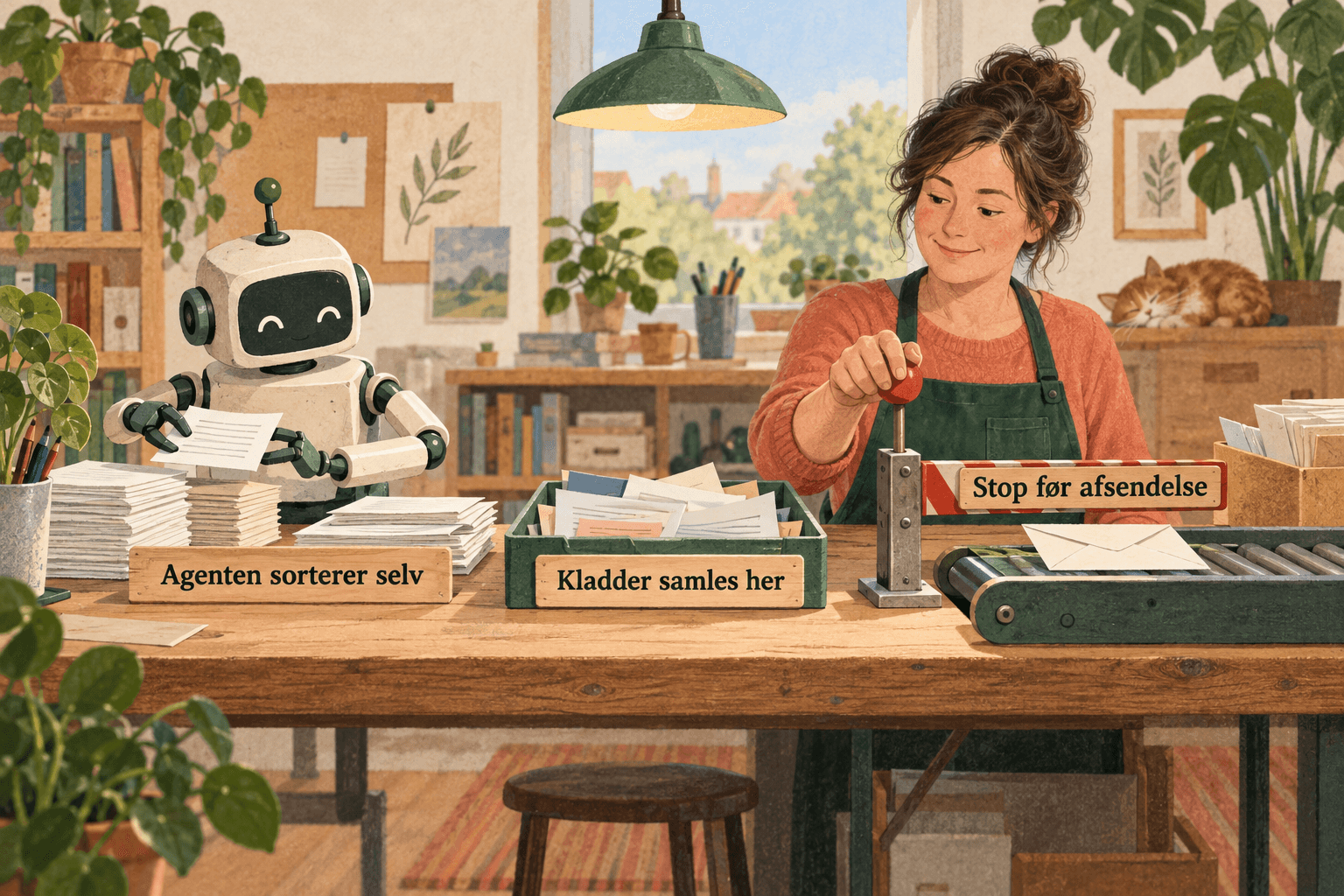 Varm illustration: en lille mekanisk hjælper sorterer papirer; en medarbejders hånd holder en stopbom foran en udgående kuvert. Skilte: Agenten sorterer selv, Kladder samles her, Stop før afsendelse.