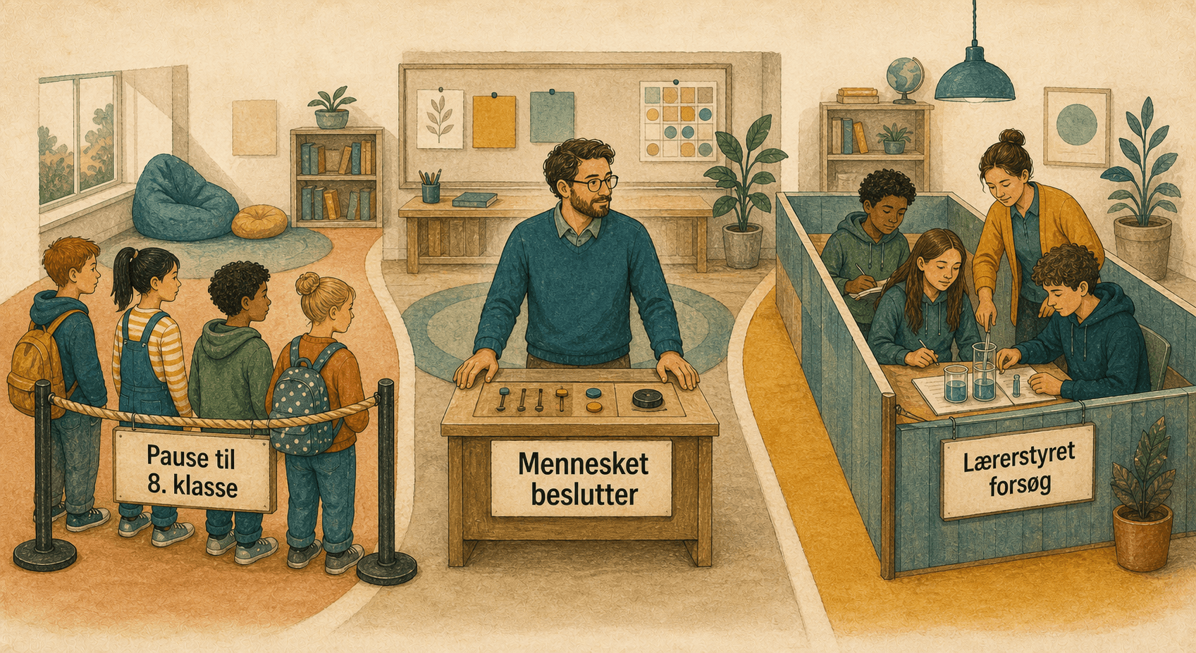 Tværsnit af en skole: en lærer ved et kontrolbord, skiltet Pause til 8. klasse ved en stopbom foran yngre elever, Lærerstyret forsøg ved en smal bane for ældre elever og Mennesket beslutter over lærerens bord.